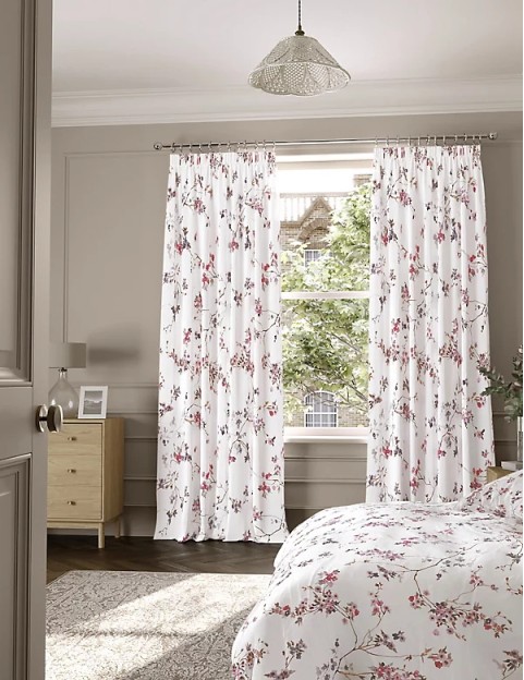 Sateen Cherry Blossom Pencil Pleat Blackout Curtains